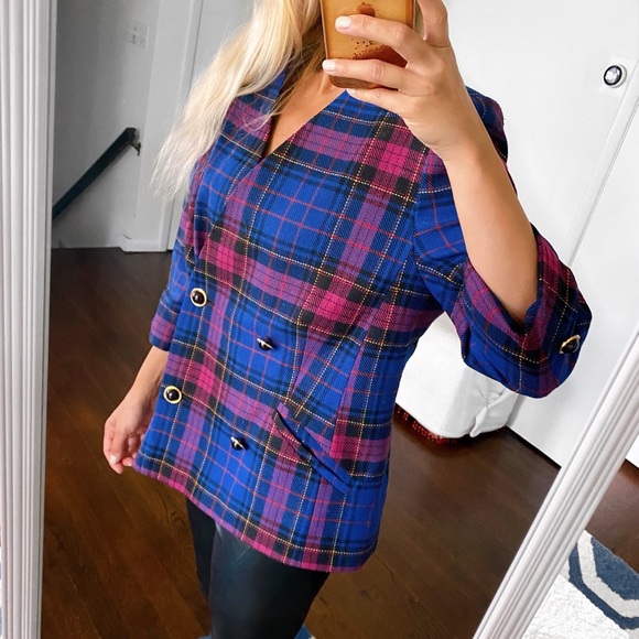 💙 CLASSY BLUE PINK MULTI PLAID BLAZER JACKET! - Picture 4 of 15